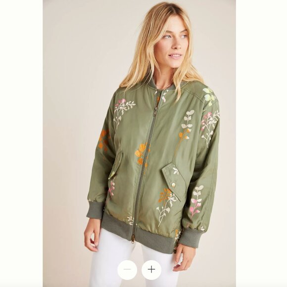 NWT Anthropologie Ainsley Embroidered Green Bomber Jacket with Floral Embroidery - Picture 1 of 14
